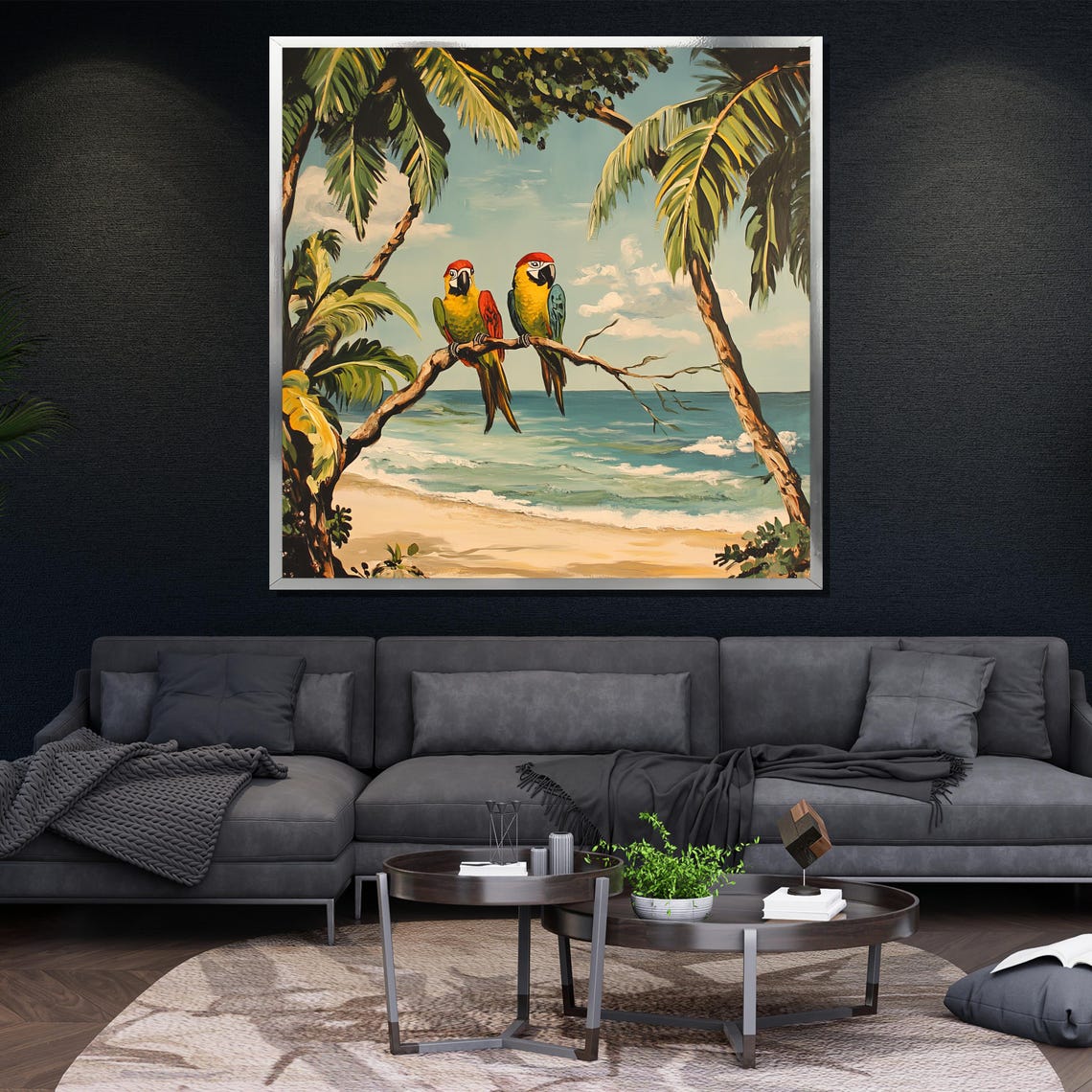 Parrots Beach Palm Trees Tropical Macaw Pair Coastal Wall Art - Image 4