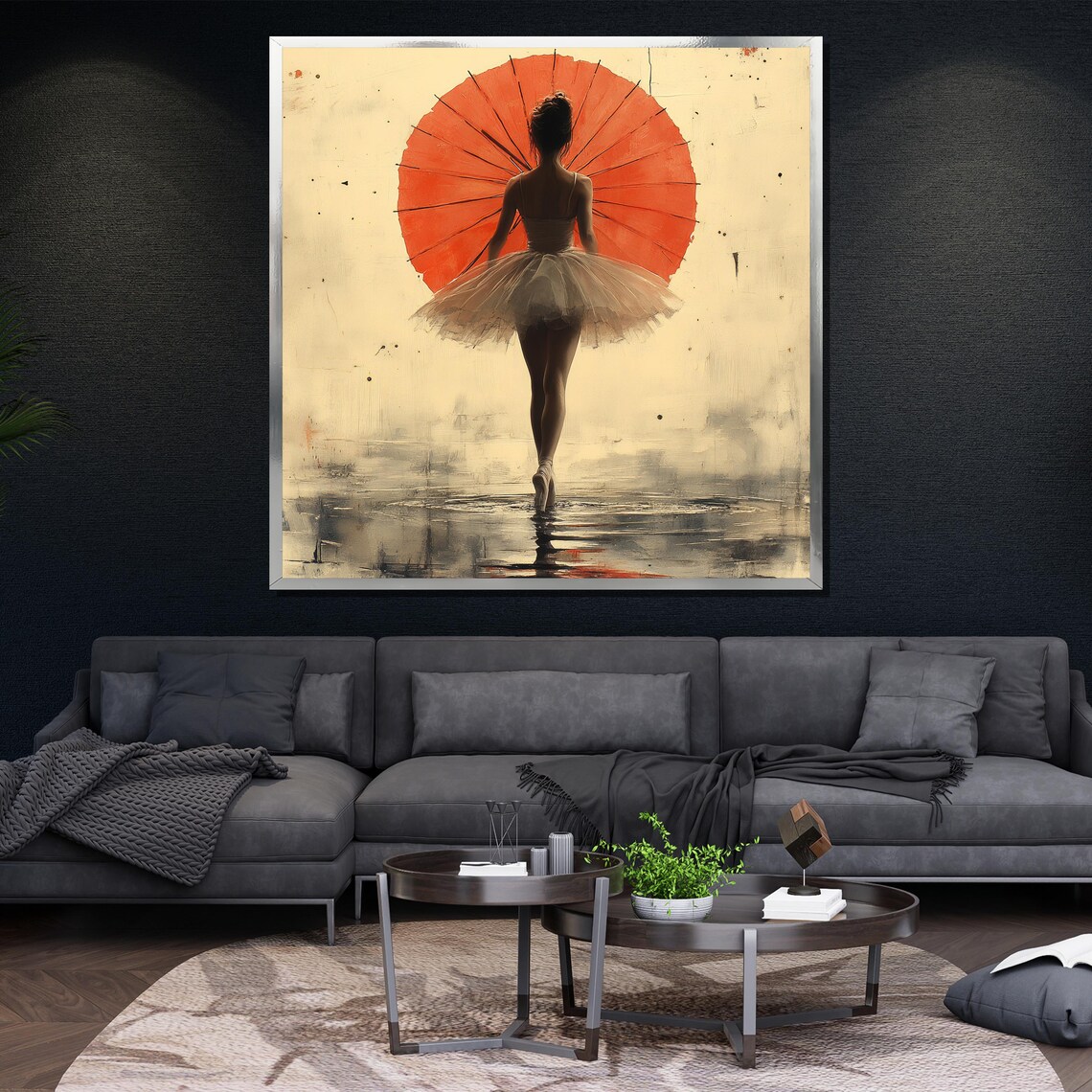 Ballerina Holding Red Parasol From Behind Dreamy Textured Painting Poster - Image 4