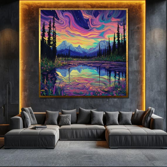 Aurora Over Mountain Lake Painting Colorful Wall Art For Home Decor And Nature Lovers Gift