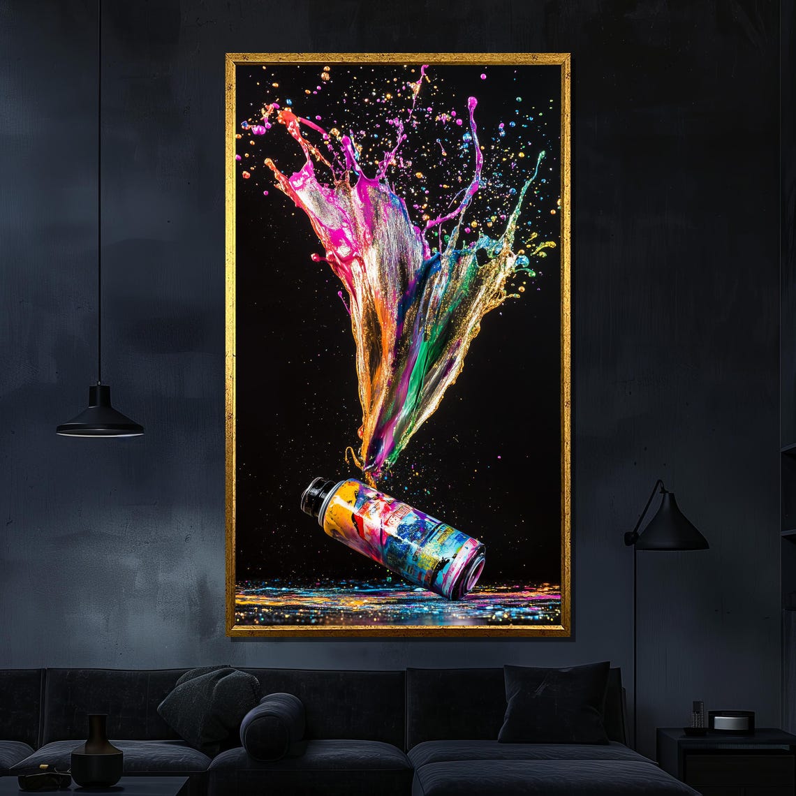 Color Splash Spray Can Vibrant Paint Explosion Black Art Wall Poster