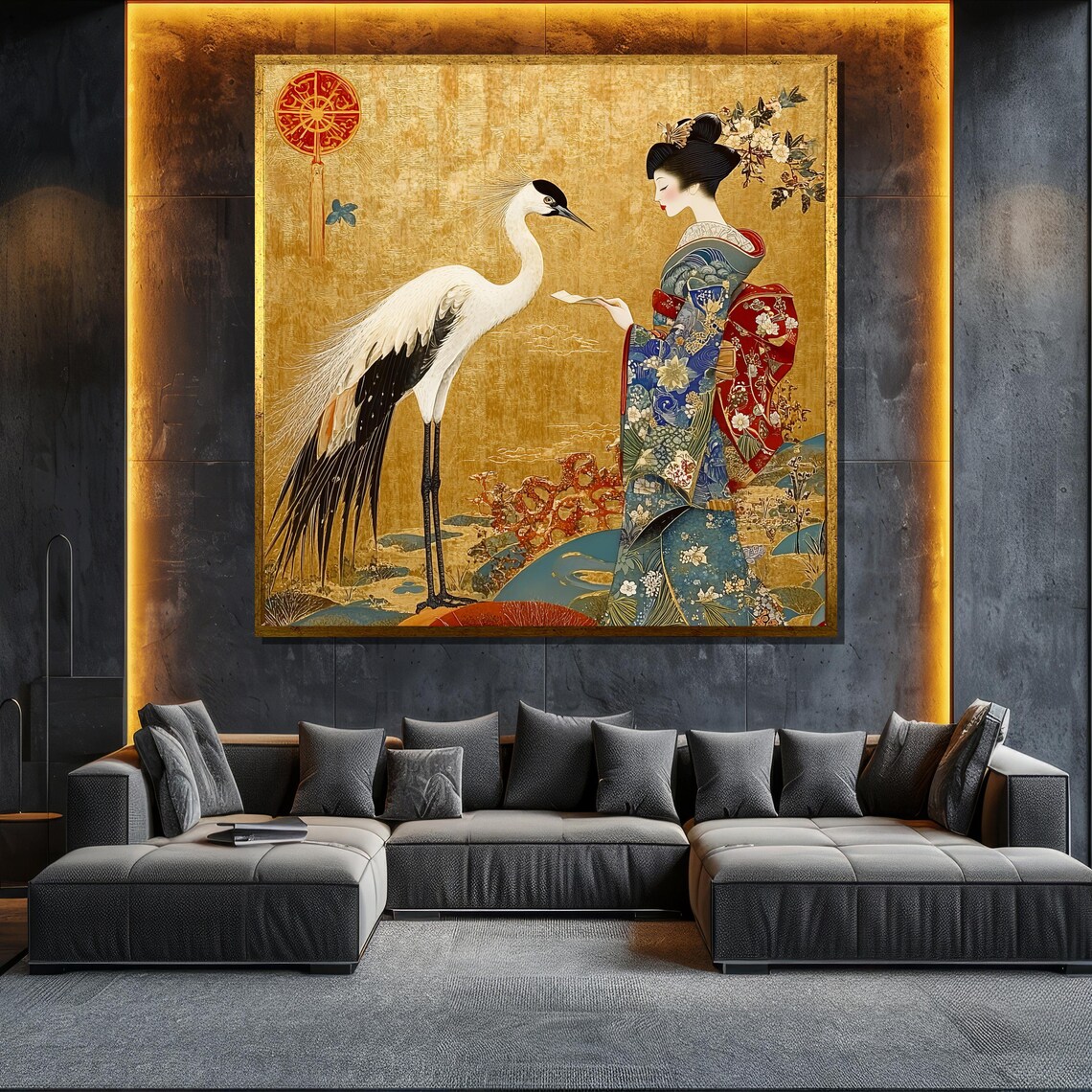 Japanese Crane and Geisha Art Print, Asian Inspired