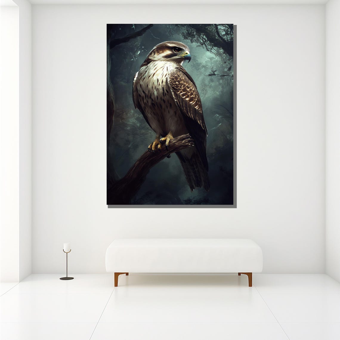 Majestic Hawk Perched On Branch In Misty Dark Forest Painting Poster - Image 2