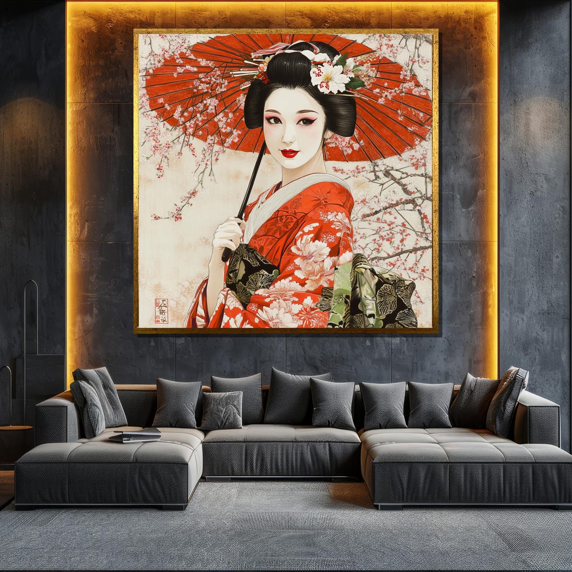 Traditional Geisha Red Umbrella Cherry Blossom Floral Kimono Wall Art