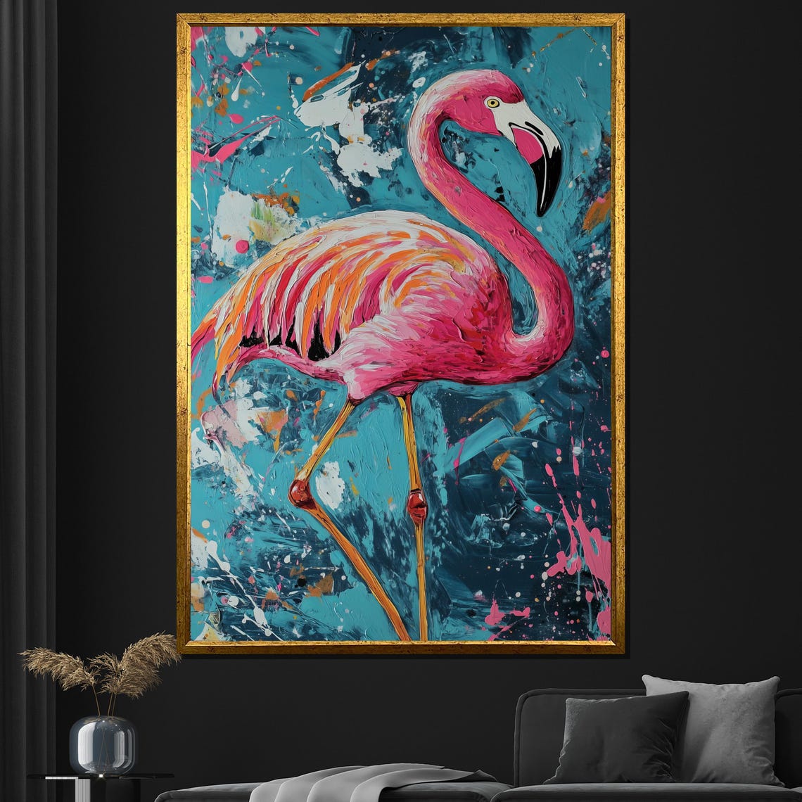 Abstract Pink Flamingo Turquoise Splash Modern Bird Art Poster