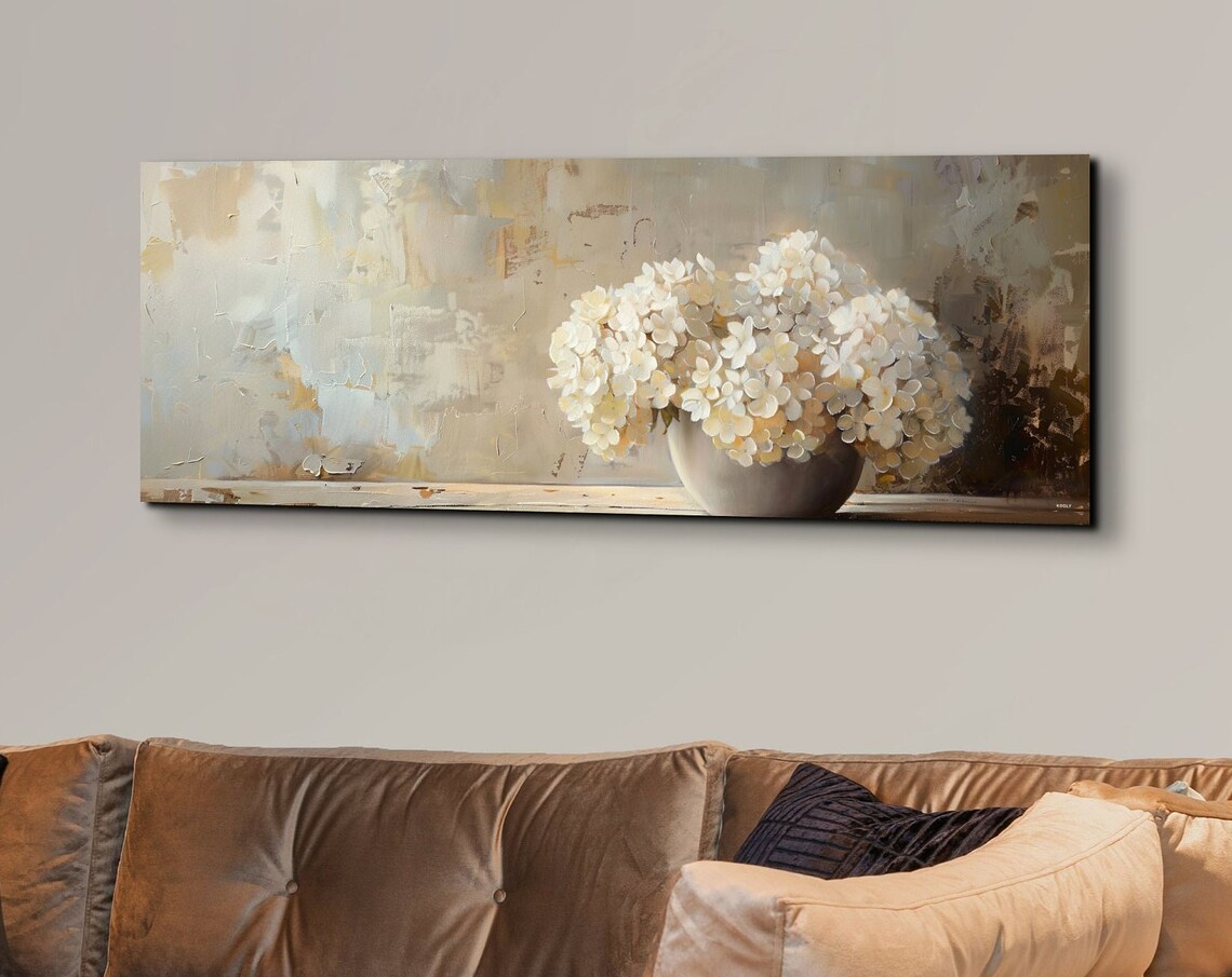White Hydrangeas Bowl Neutral Beige Still Life Floral Poster