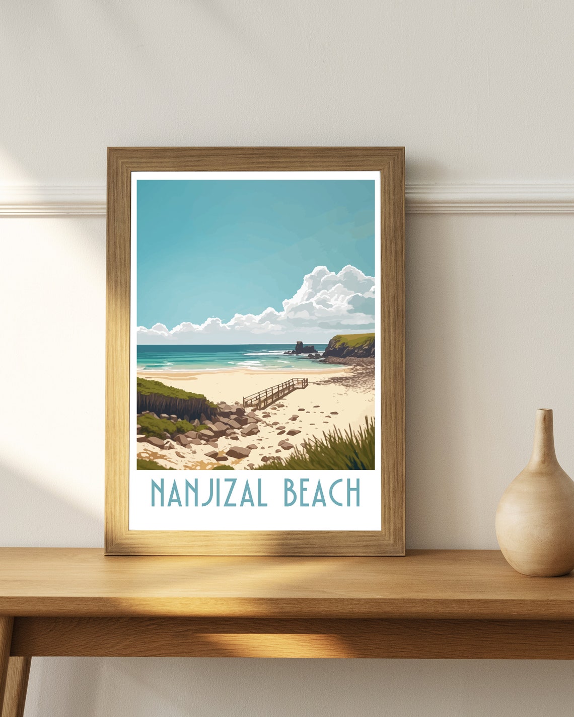 Nanjizal Beach Cornwall Sandy Shore Footbridge Rocks Retro Art Poster - Image 4