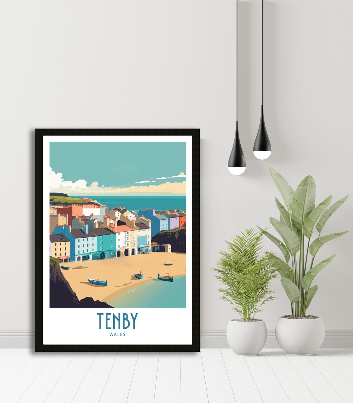 Tenby Wales Beachfront Cottages Pastel Houses Harbor Scene Poster - Image 5