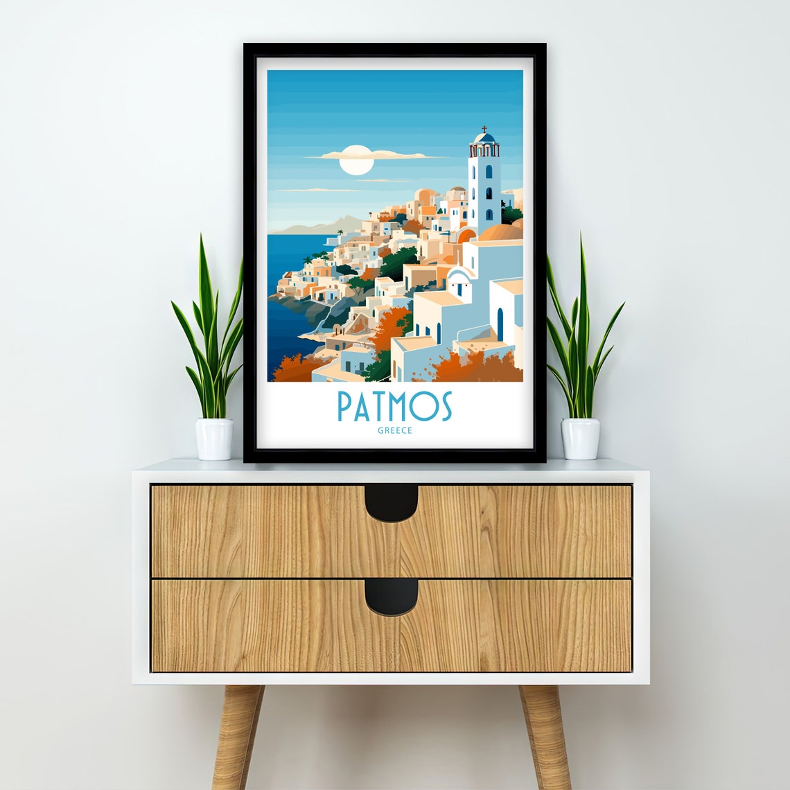 Patmos Greece Hillside Town Bell Tower Moon Over Sea Travel Art Poster - Image 2