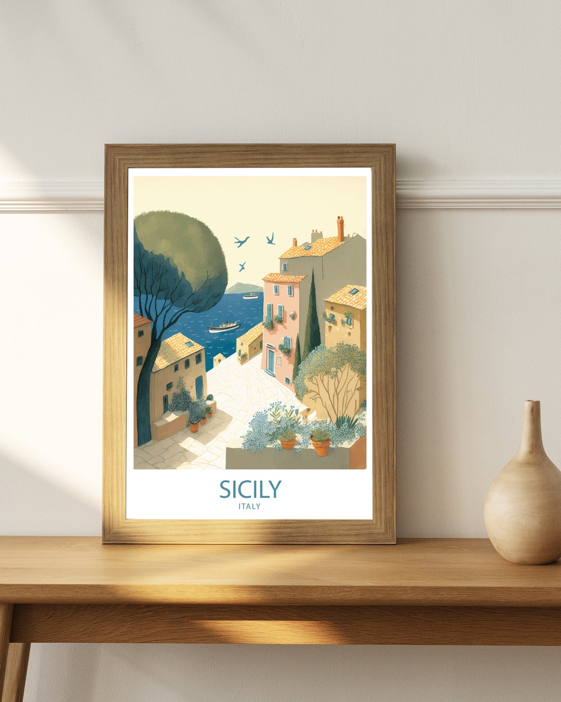 Sicily Italy Sunlit Village Square Sea View Vintage Travel Poster - Image 3