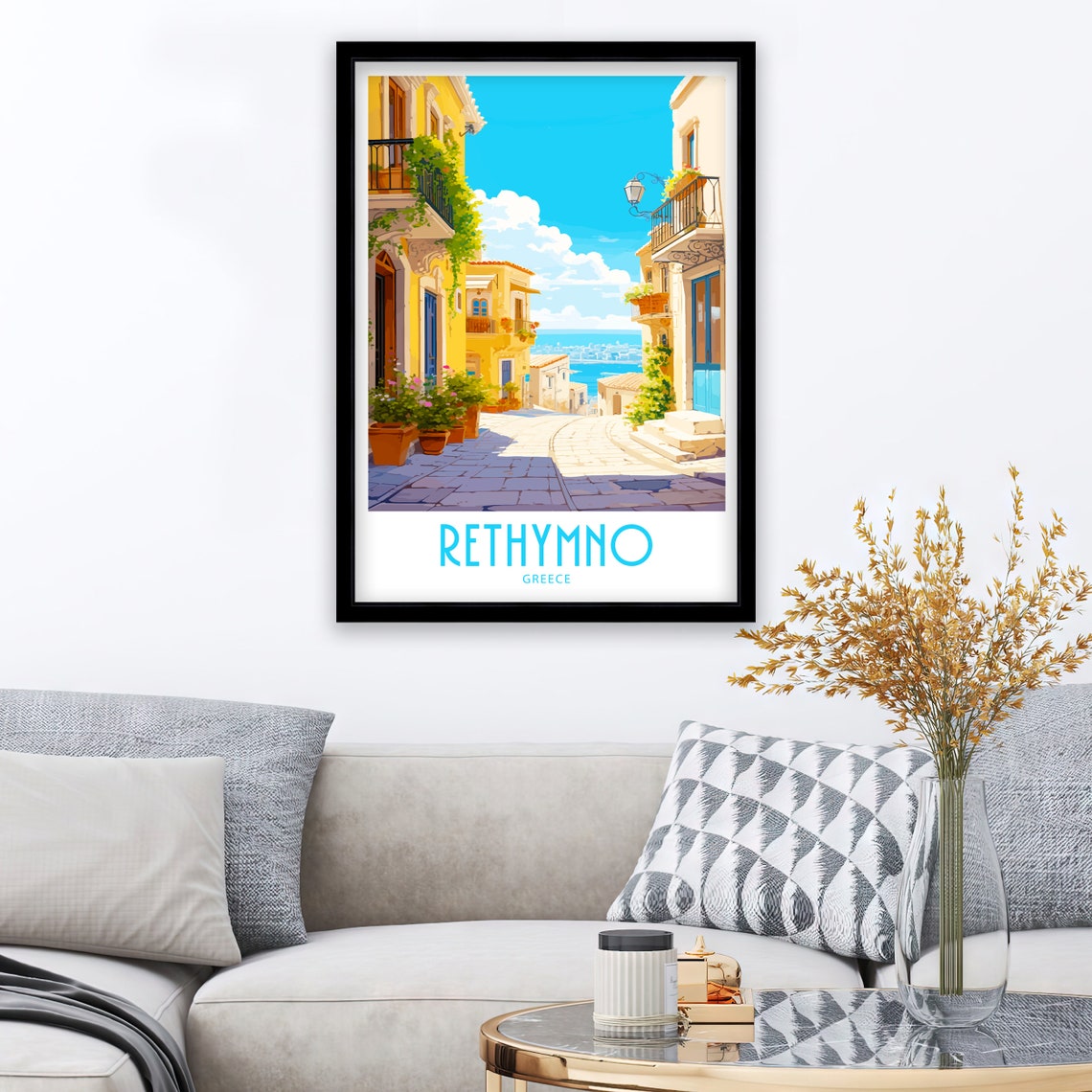 Rethymno Greece Old Town Cobblestone Street Sea View Alleyway Poster - Image 3