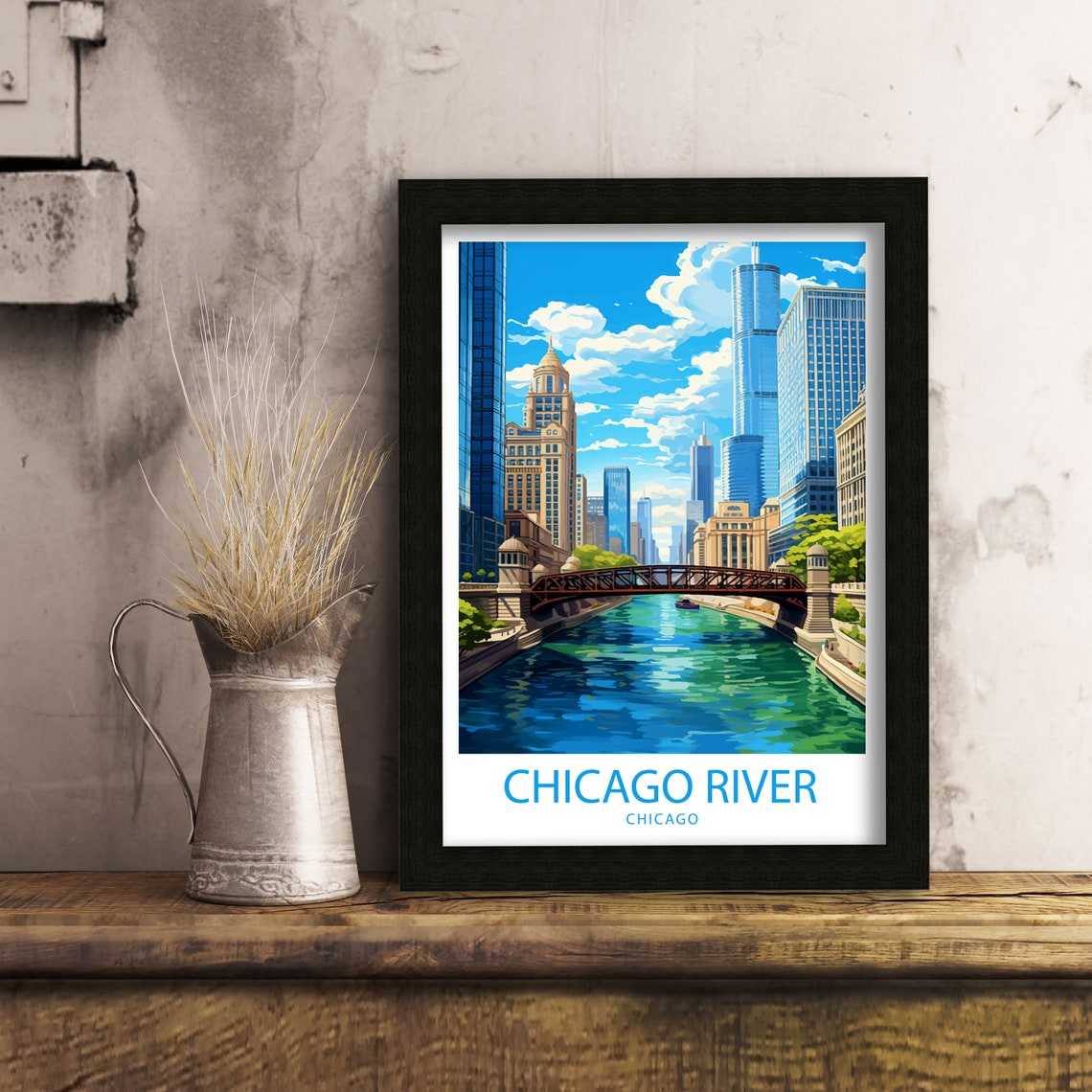 Chicago River Illinois Downtown Towers Bridge Waterway Travel Poster - Image 6