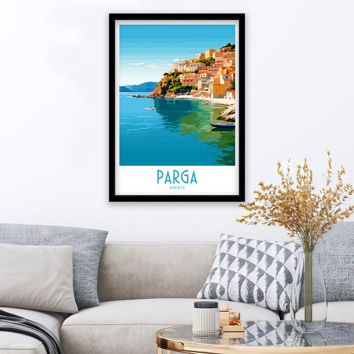 Parga Greece Cliffside Town Turquoise Bay Sailboats Travel Art Poster - Image 3
