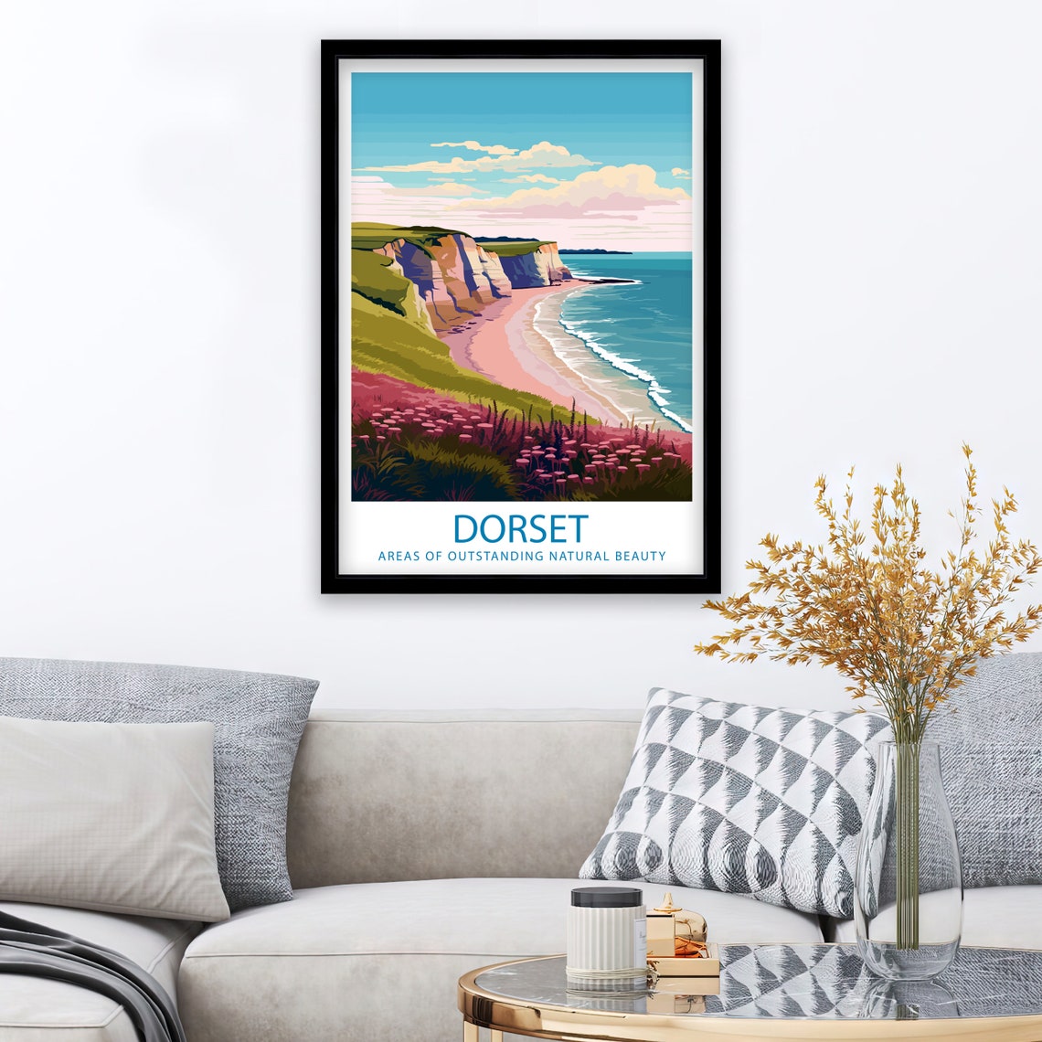 Dorset Chalk Cliffs Sandy Cove Pink Wildflower Coast Scene Poster - Image 2