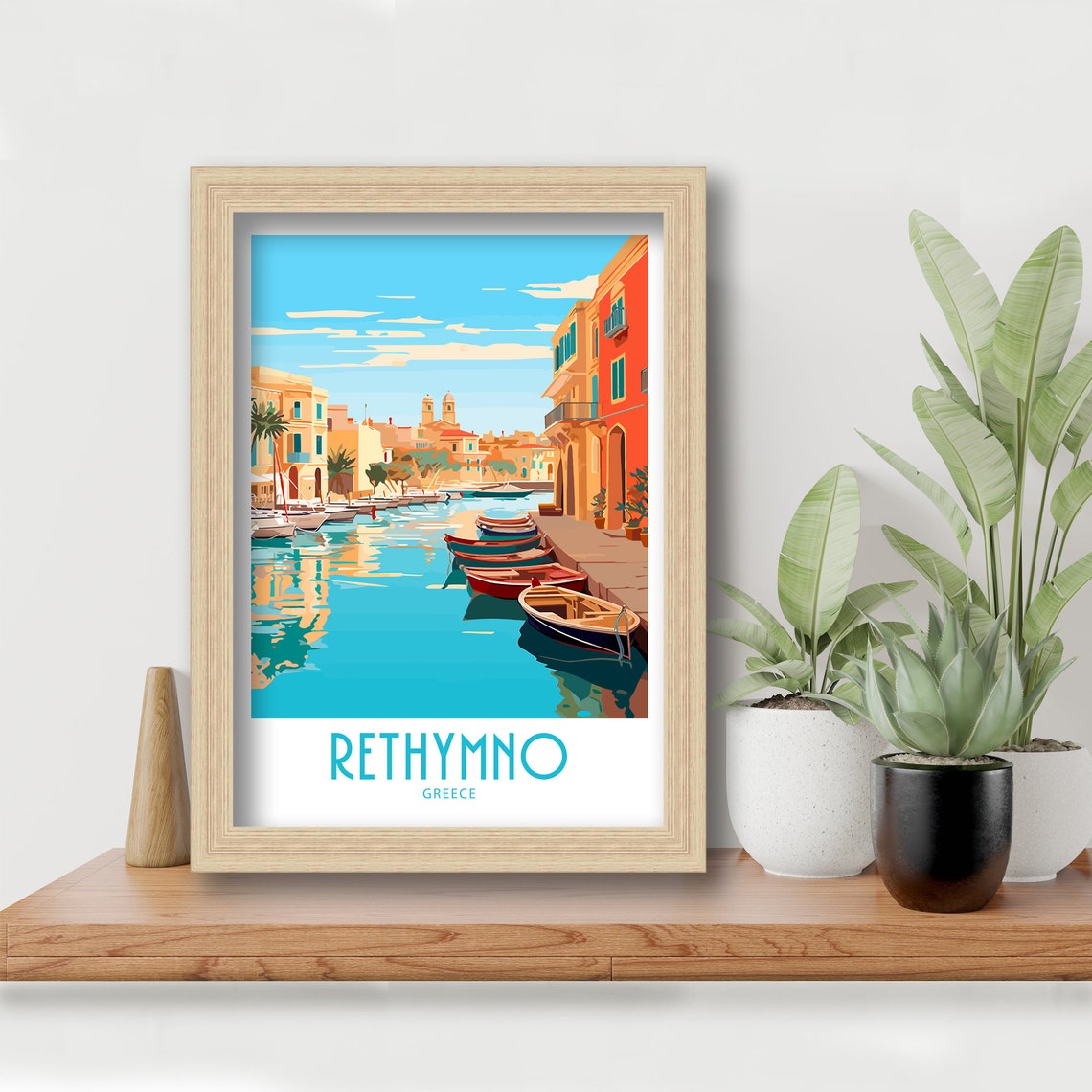 Rethymno Greece Old Harbor Fishing Boats Waterfront Houses View Poster - Image 6