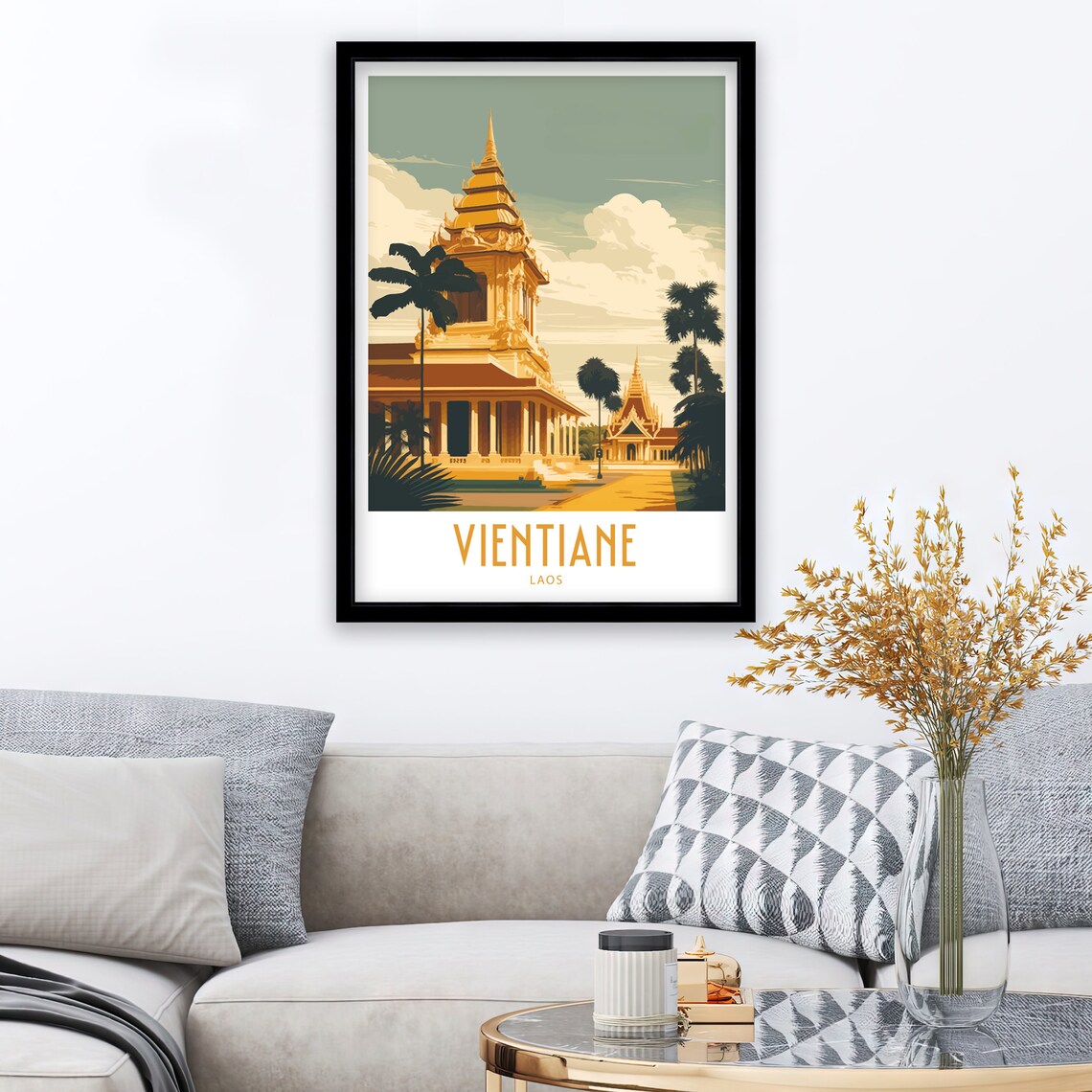Vientiane Laos Golden Temples And Palm Trees Warm Sunset Travel Poster - Image 3