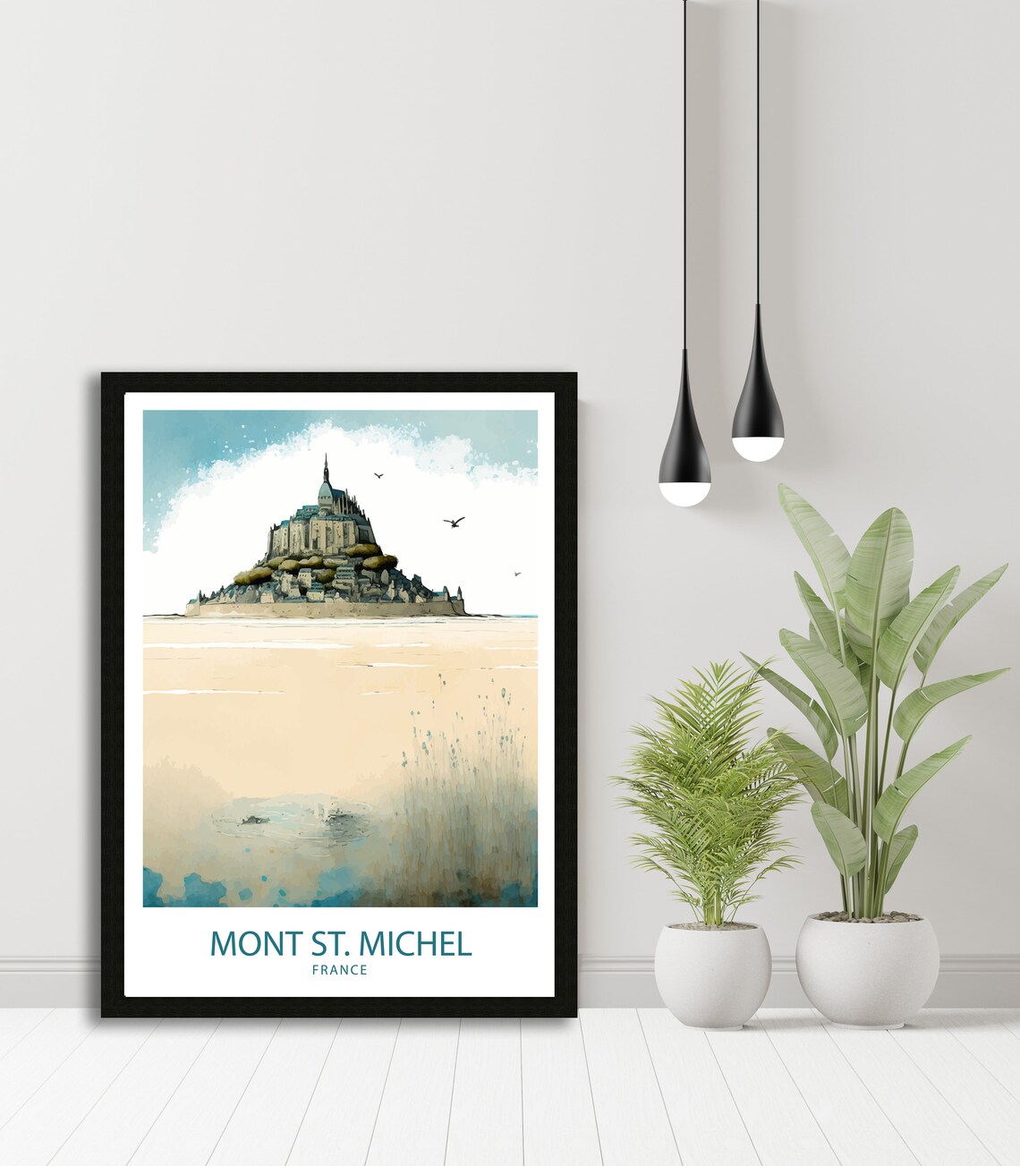 Mont St Michel France Misty Beach Minimalist Watercolor Poster - Image 4