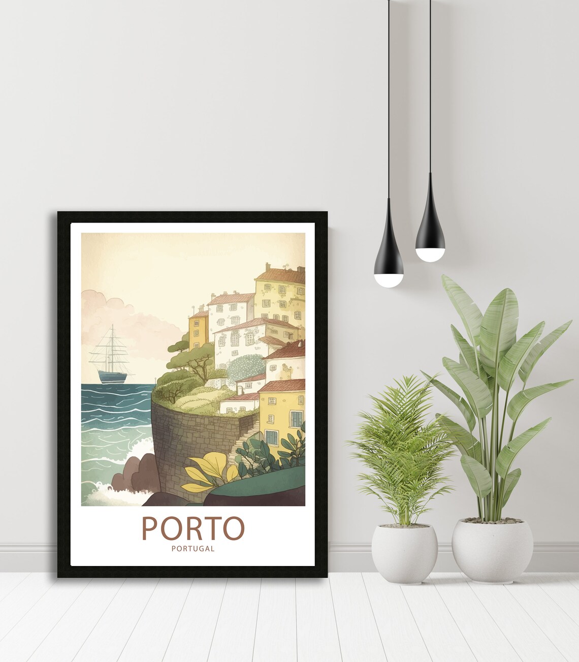 Porto Portugal Riverside Cliff Houses Sailboat Vintage Art Poster - Image 5