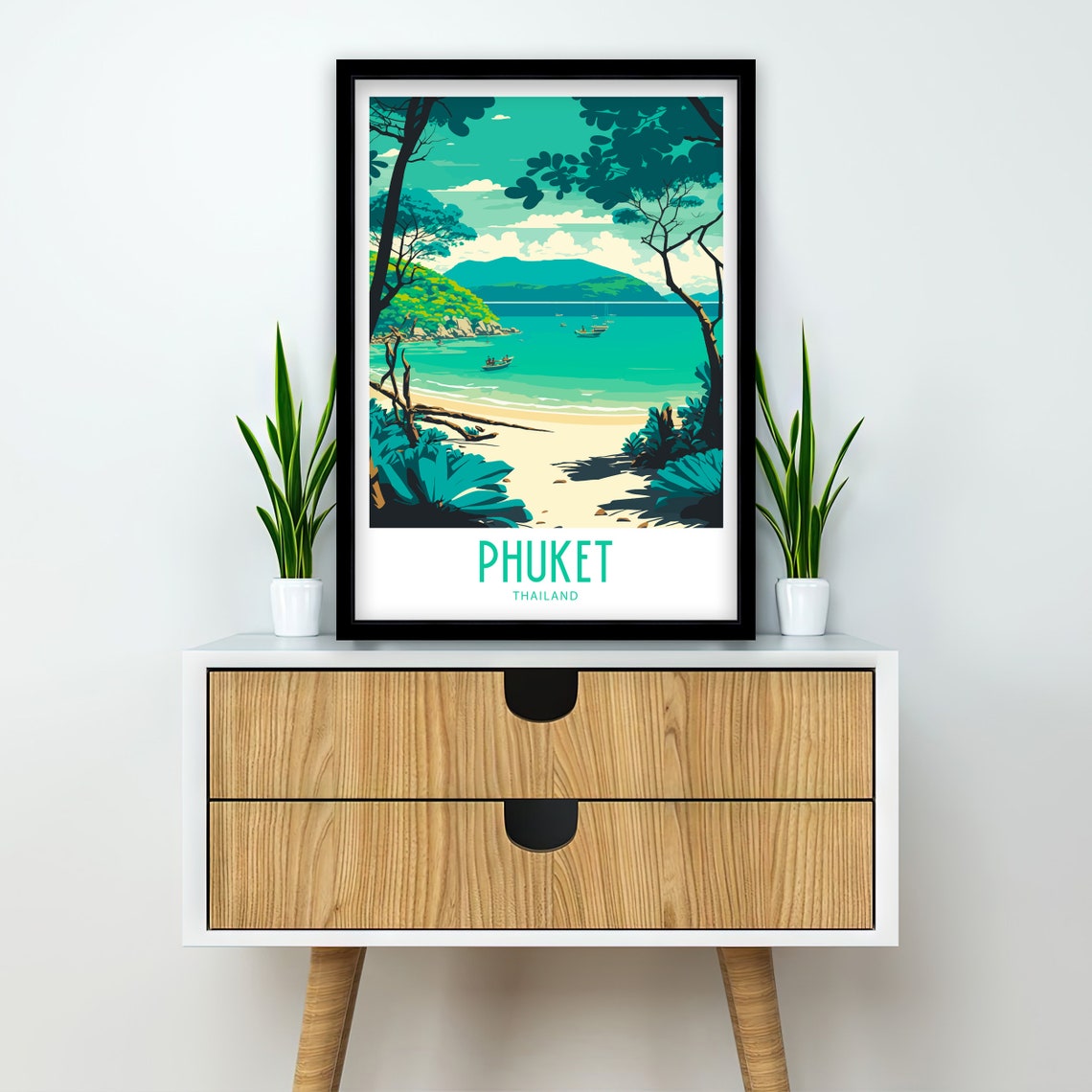 Phuket Thailand Tropical Beach Through Palm Trees Retro Travel Poster - Image 2