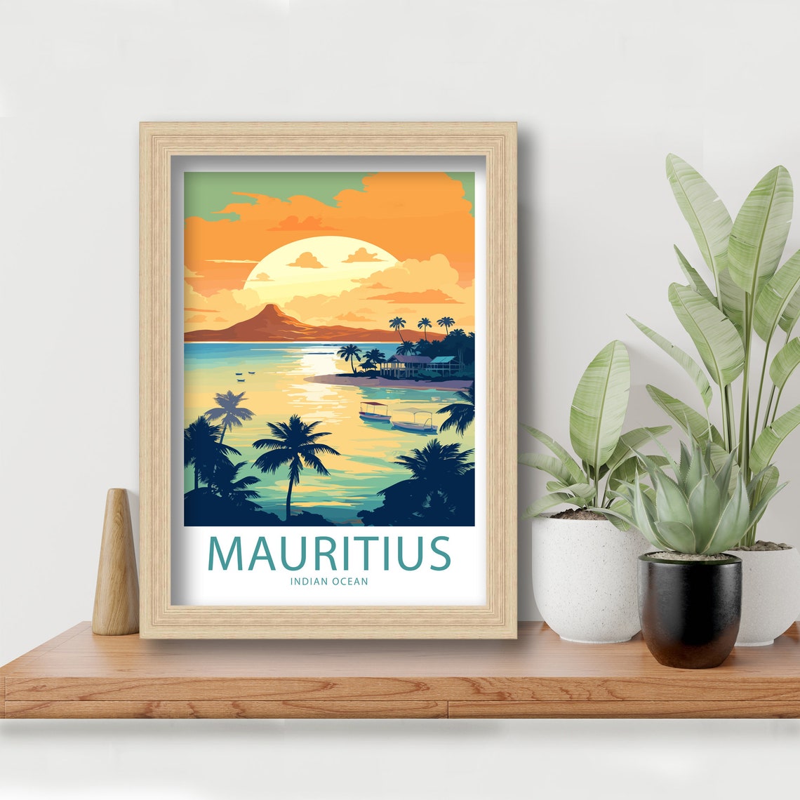 Mauritius Indian Ocean Palm Beach Sunset Illustrated Travel Poster - Image 6