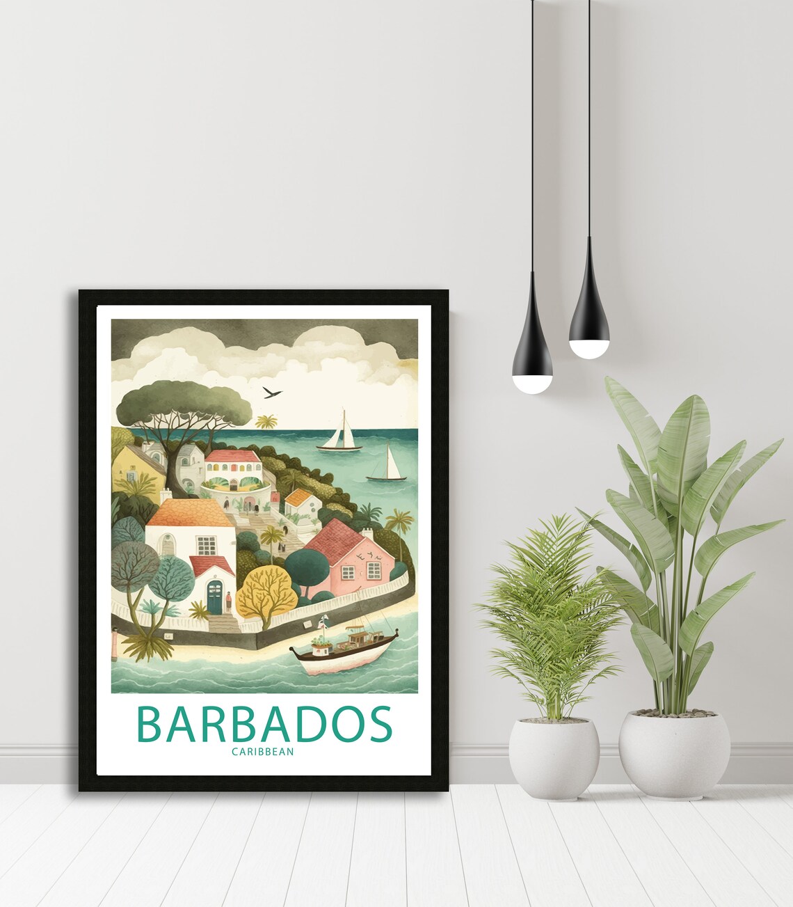 Barbados Caribbean Whimsical Seaside Village With Boats Travel Poster - Image 5