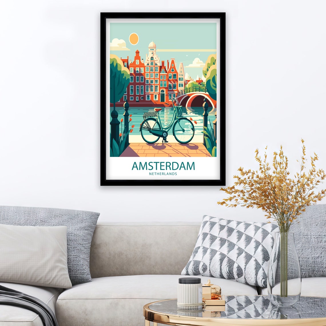 Amsterdam Netherlands Canal Bridge Bicycle Tulips Travel Poster - Image 2