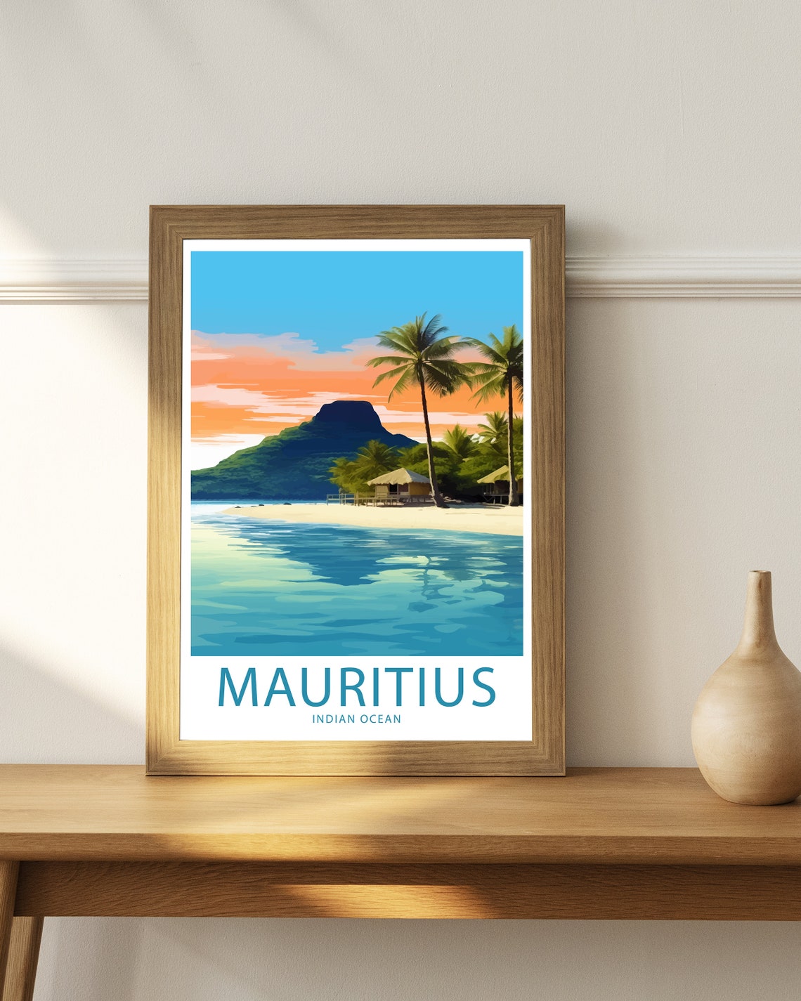 Mauritius Indian Ocean Palm Beach Mountain Illustrated Travel Poster - Image 4