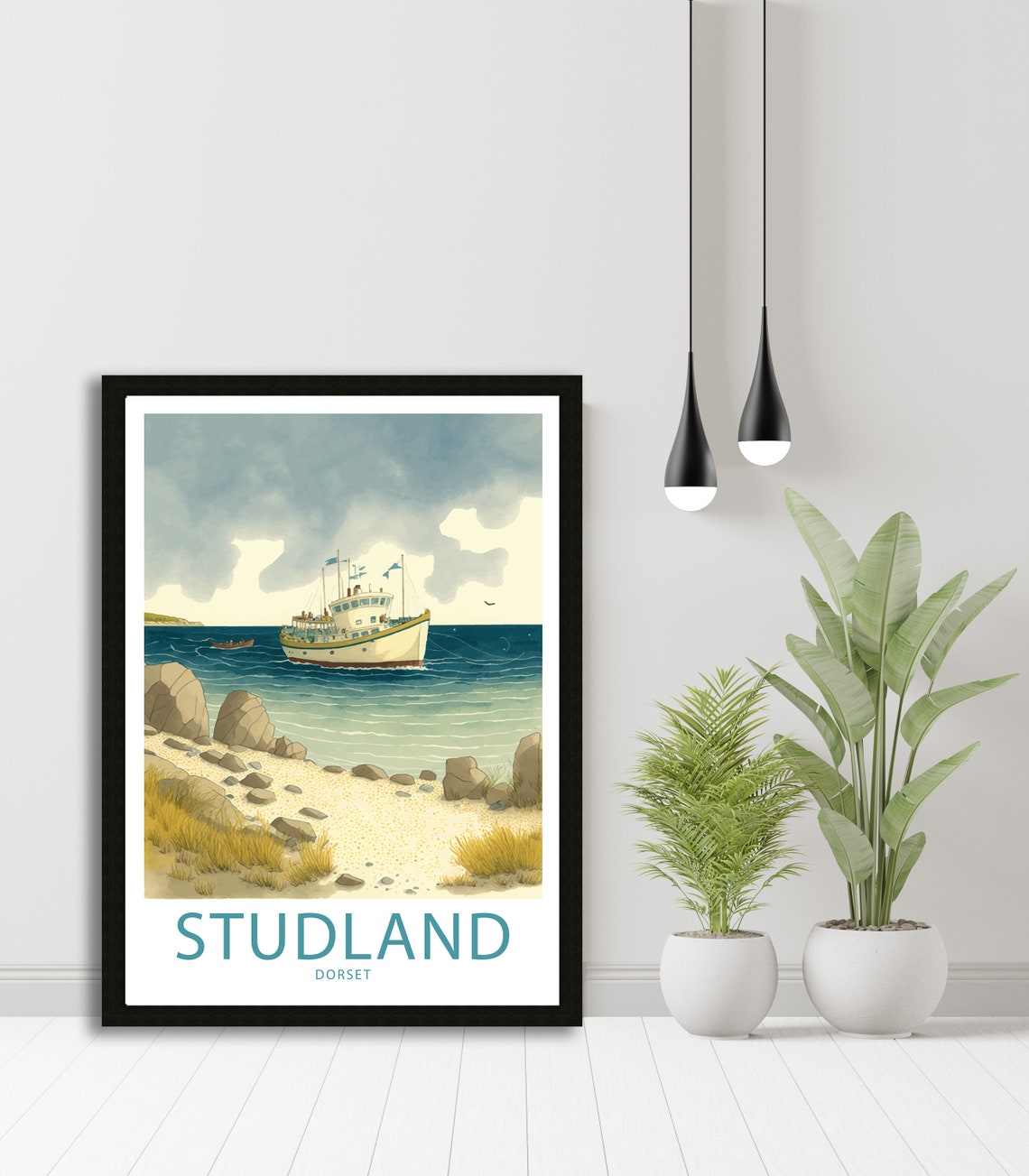 Studland Dorset Ferry Crossing Rocky Shore Watercolor Beach Poster - Image 5
