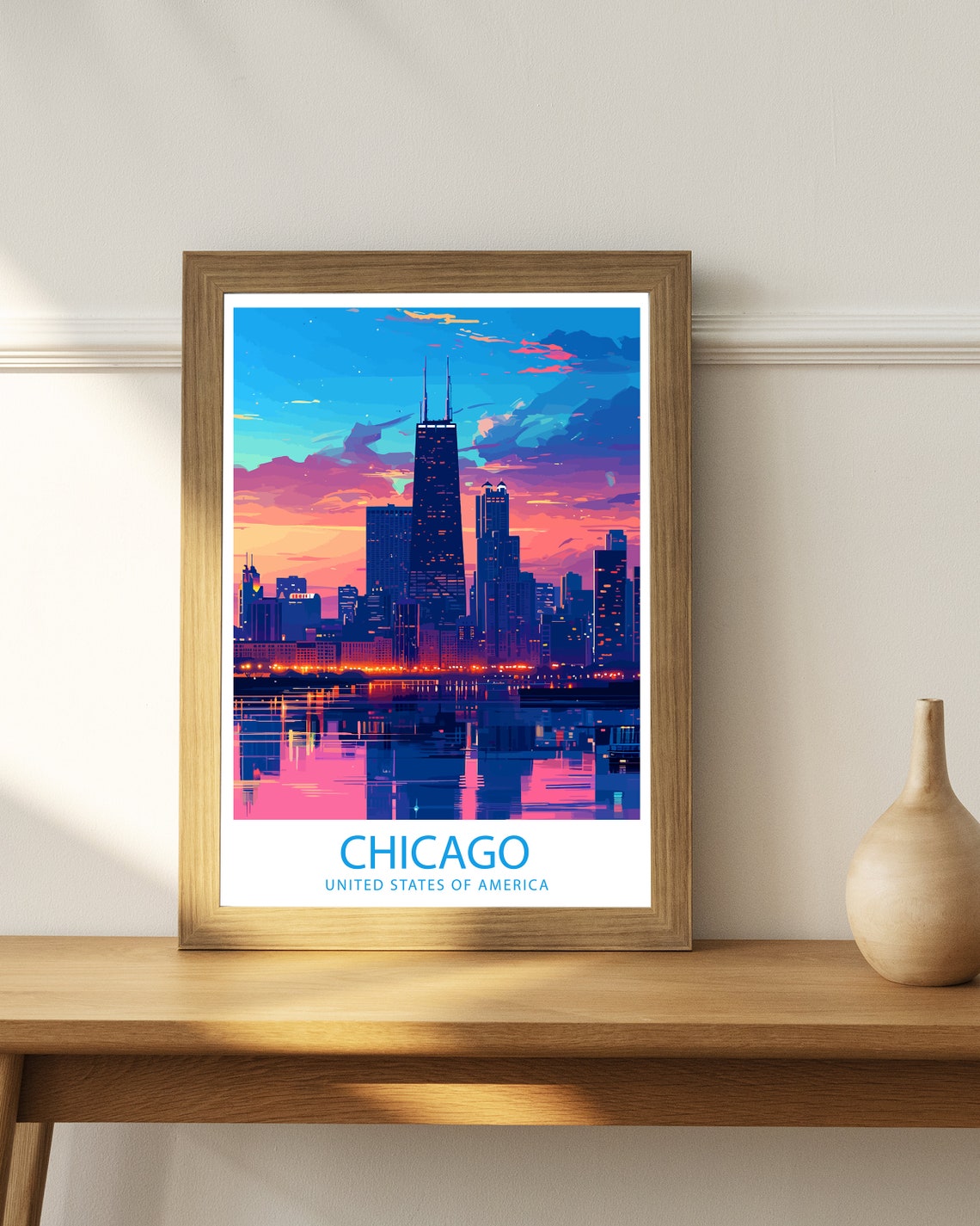 Chicago Illinois Sunset Downtown Skyline Lake Reflection Travel Poster - Image 3