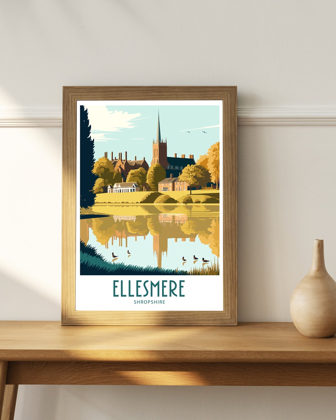 Ellesmere Shropshire Lakeside Church Spire And Ducks Golden Poster - Image 4