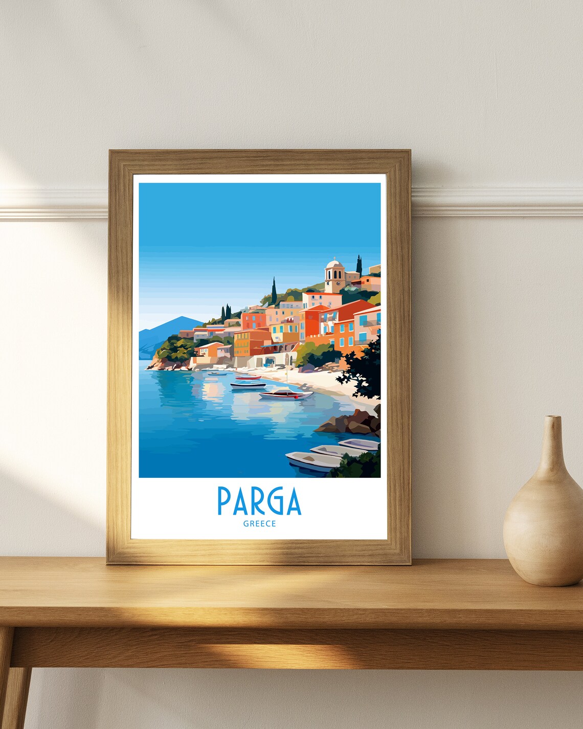 Parga Greece Hillside Harbor Town Boats Blue Bay Travel Art Poster - Image 3