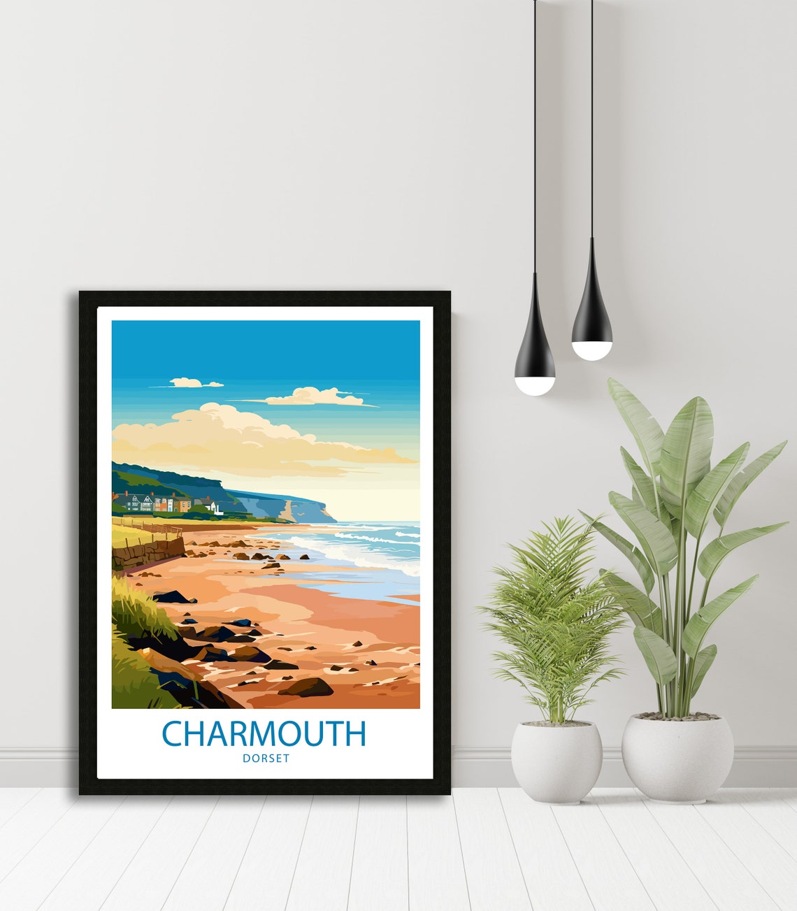 Charmouth Dorset Pebble Beach Rocky Shore Cliffs Coastal Art Poster - Image 4