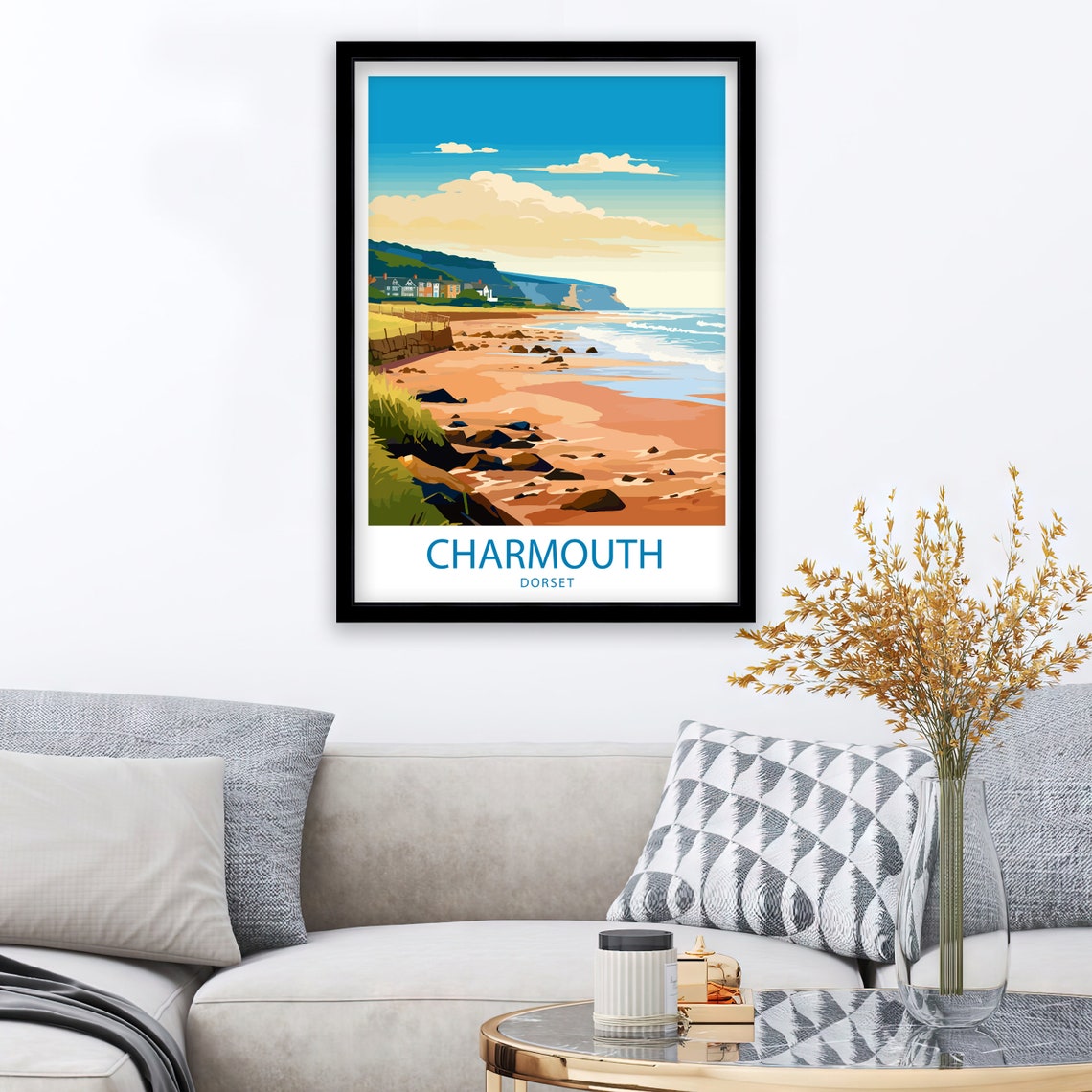 Charmouth Dorset Pebble Beach Rocky Shore Cliffs Coastal Art Poster - Image 2