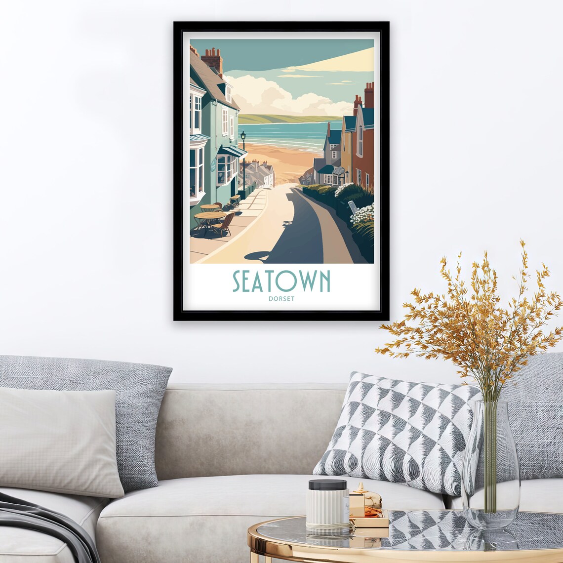 Seatown Dorset Village Street Cottages Sea View Retro Travel Poster - Image 3