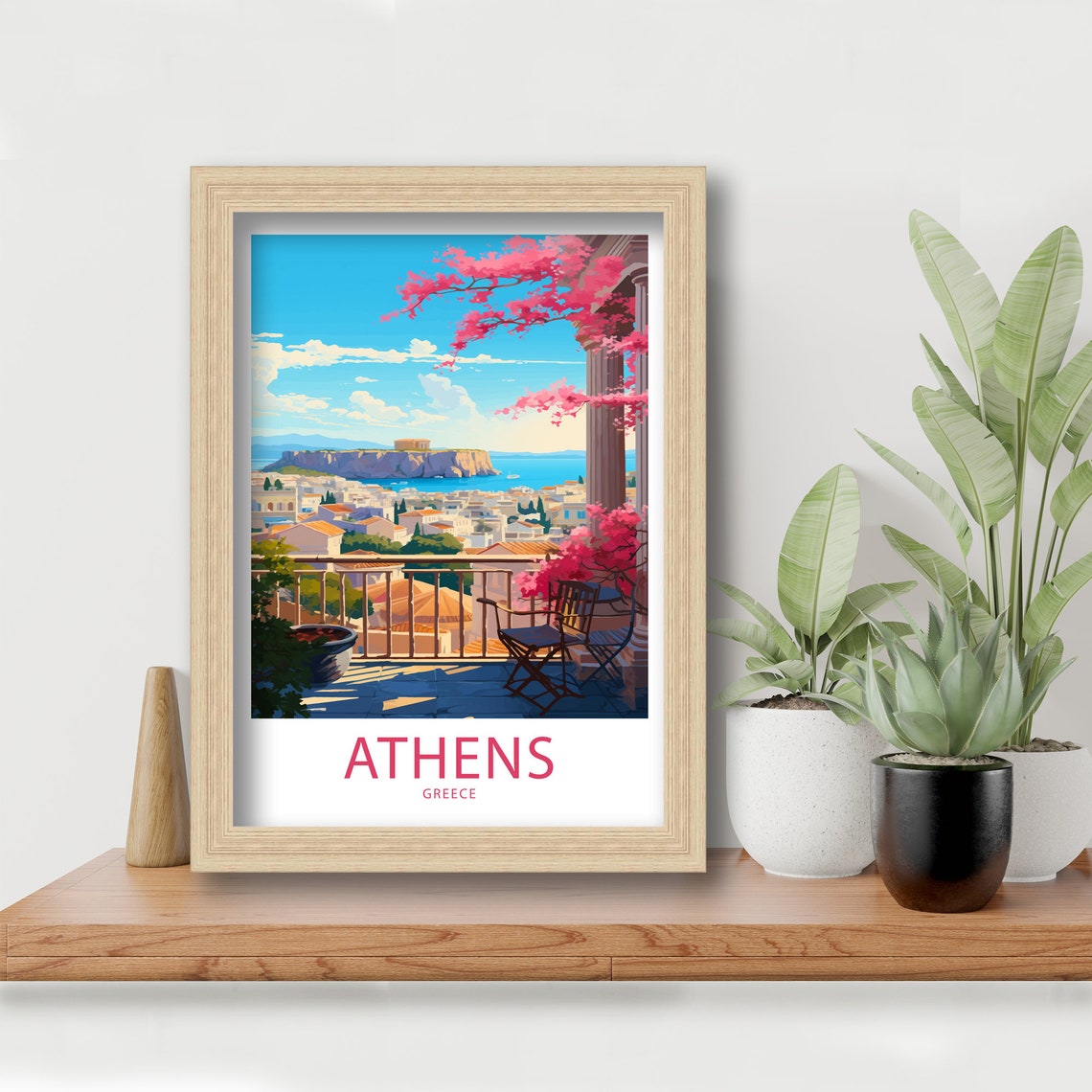 Athens Greece Balcony Acropolis View Pink Blossom Retro Travel Poster - Image 6