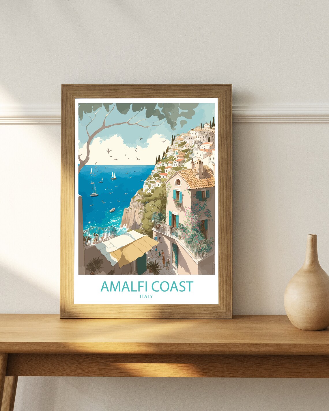 Amalfi Coast Italy Hillside Village Sailboats Watercolor Travel Poster - Image 3