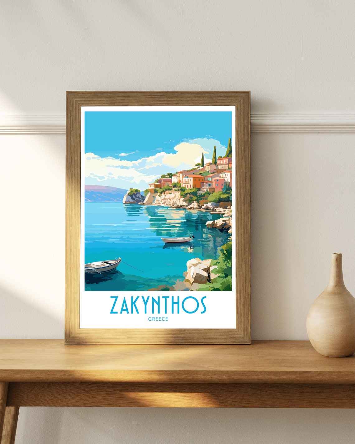 Zakynthos Greece Cliff Village Turquoise Rowboats Travel Poster - Image 4