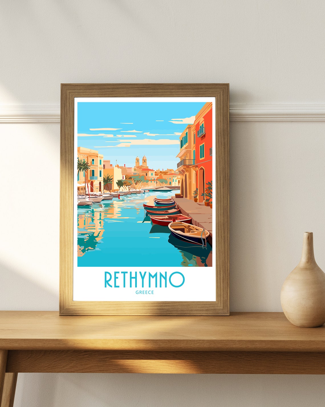 Rethymno Greece Old Harbor Fishing Boats Waterfront Houses View Poster - Image 4