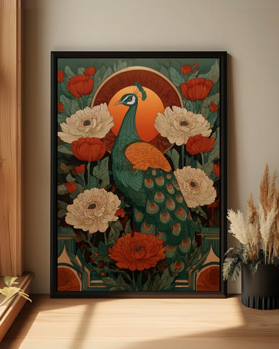 Peacock Folk Art Print Botanical Poster Boho Artwork Floral Wall Decor Vibrant Nature Canvas Southwestern Style