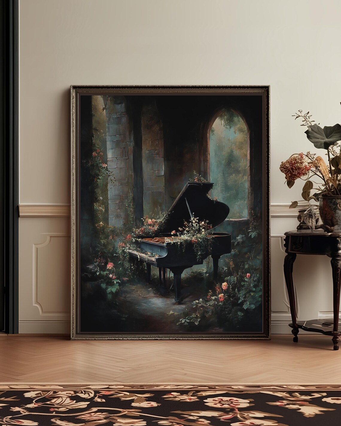Grand Piano Stone Alcove Roses Overgrown Garden Oil Painting Poster