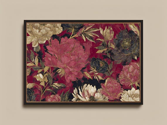 Maximalist Floral Wall Art Red And Gold Peony Print Vintage Botanical Dark Elegant Baroque Flower Decor Framed Canvas Or Poster
