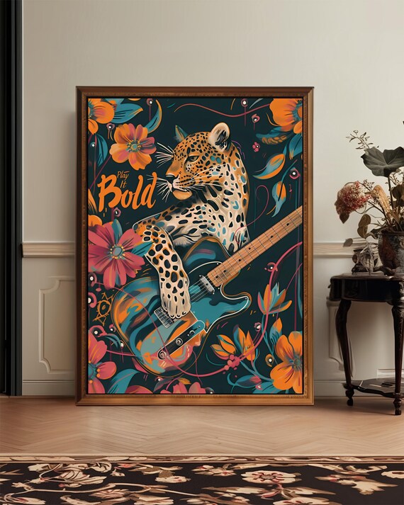 Vibrant Maximalist Animal Print For Music Lovers Bold Leopard Guitar Wall Art