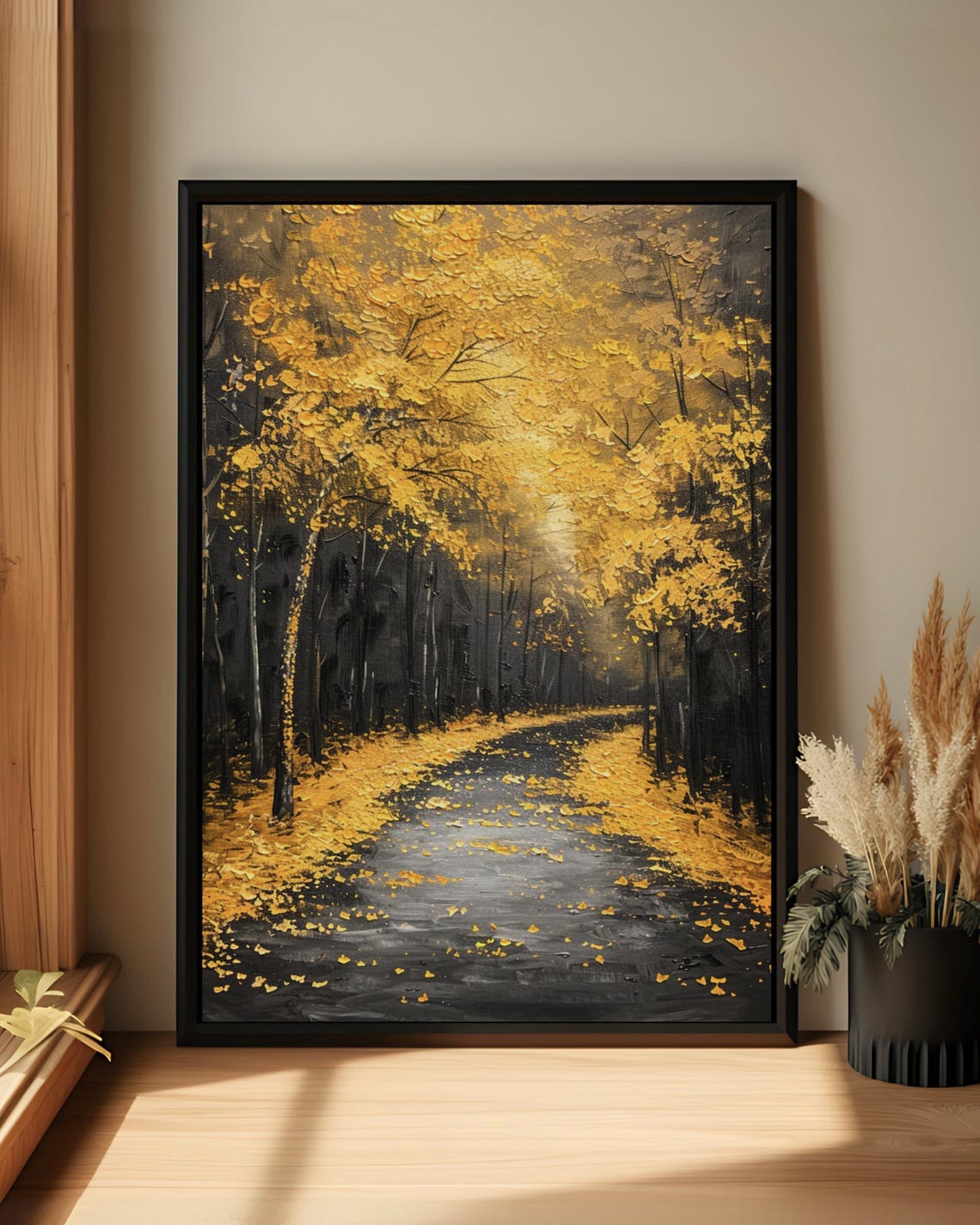 Golden Autumn Forest Path Impasto Oil Painting Landscape Poster