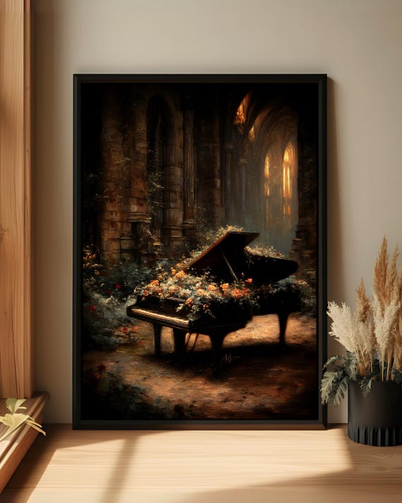 Dark Academia Piano Wall Art Elegant Moody Music Room Poster Dramatic Floral