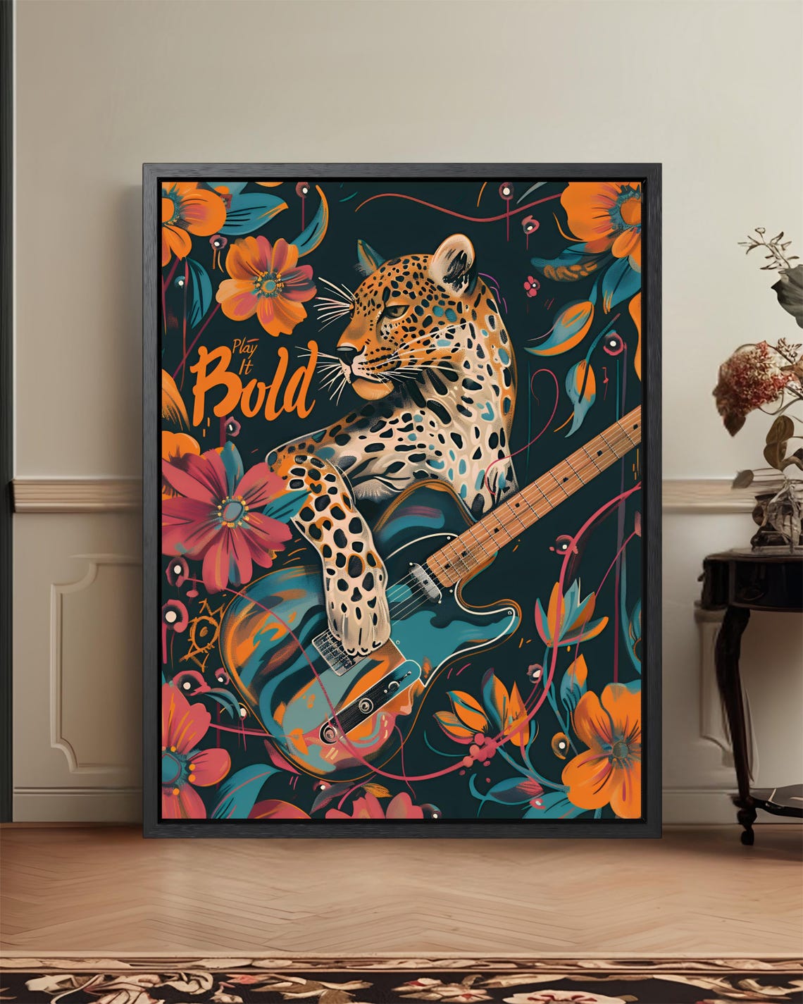 Play It Bold Leopard Playing Guitar Bold Floral Jungle Poster