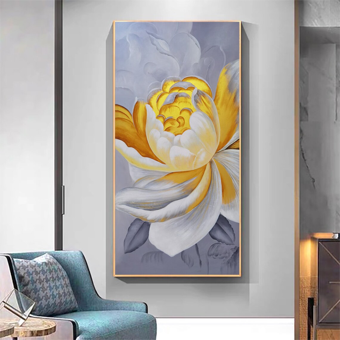 Golden Yellow White Blooming Abstract Flower Oil Painting Poster - Image 4