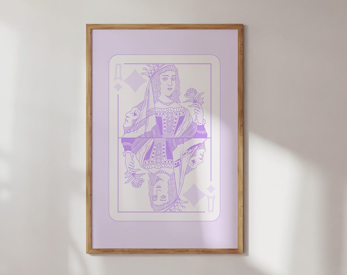 Lilac Queen of Diamonds Playing Card Line Art Poster Purple Wall Decor