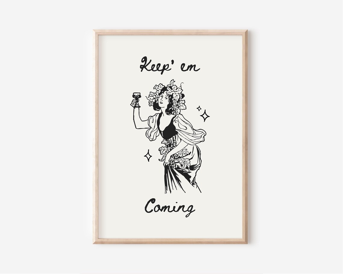 Keep Em Coming Vintage Wine Lady Illustration Retro Party Poster - Image 3