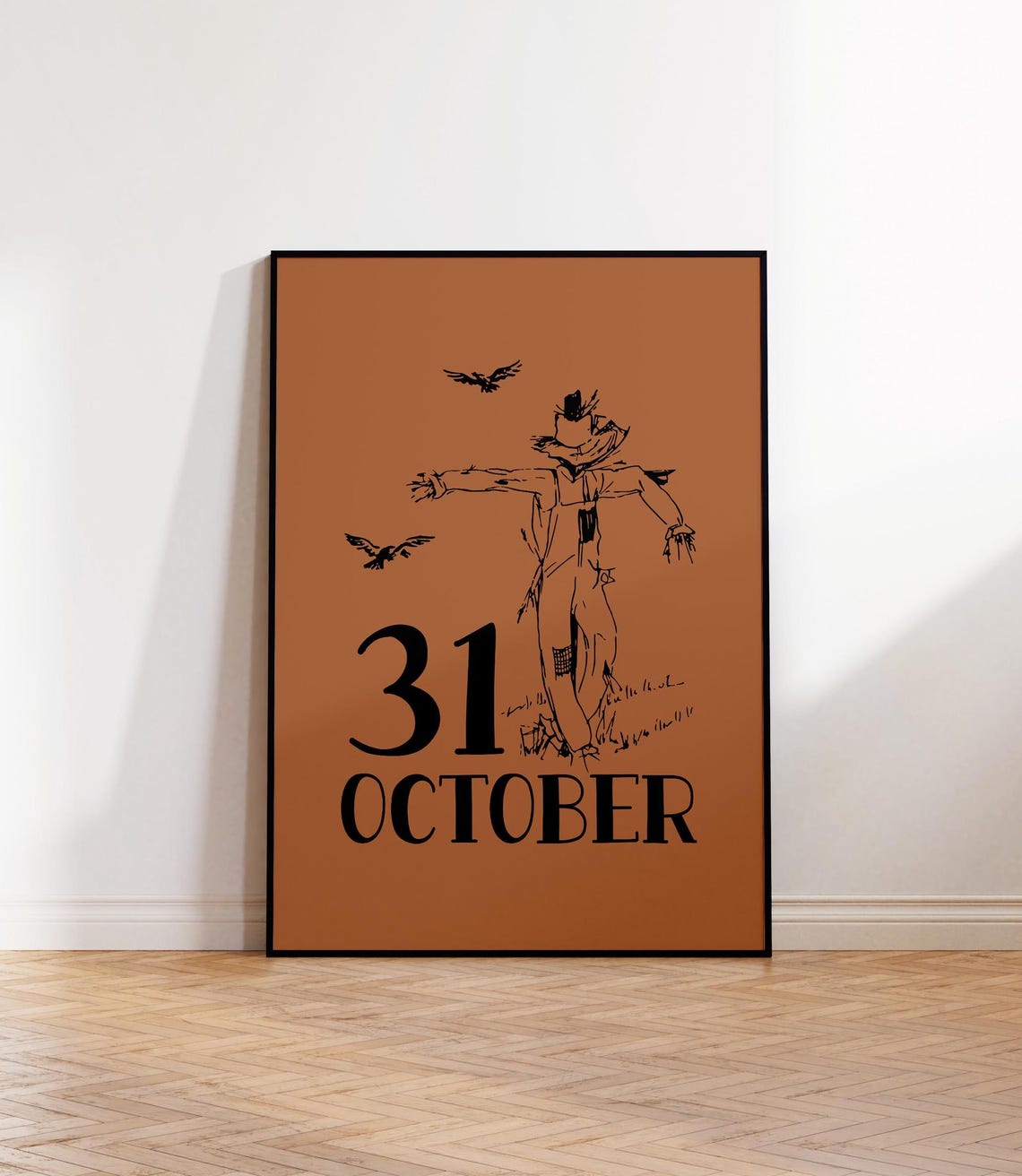31 October Scarecrow with Crows Burnt Orange Halloween Sign Poster