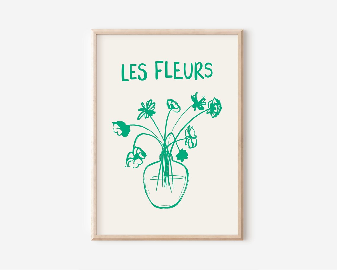 Green Les Fleurs Flower Vase Botanical Line Art Hand Drawn Poster - Image 2