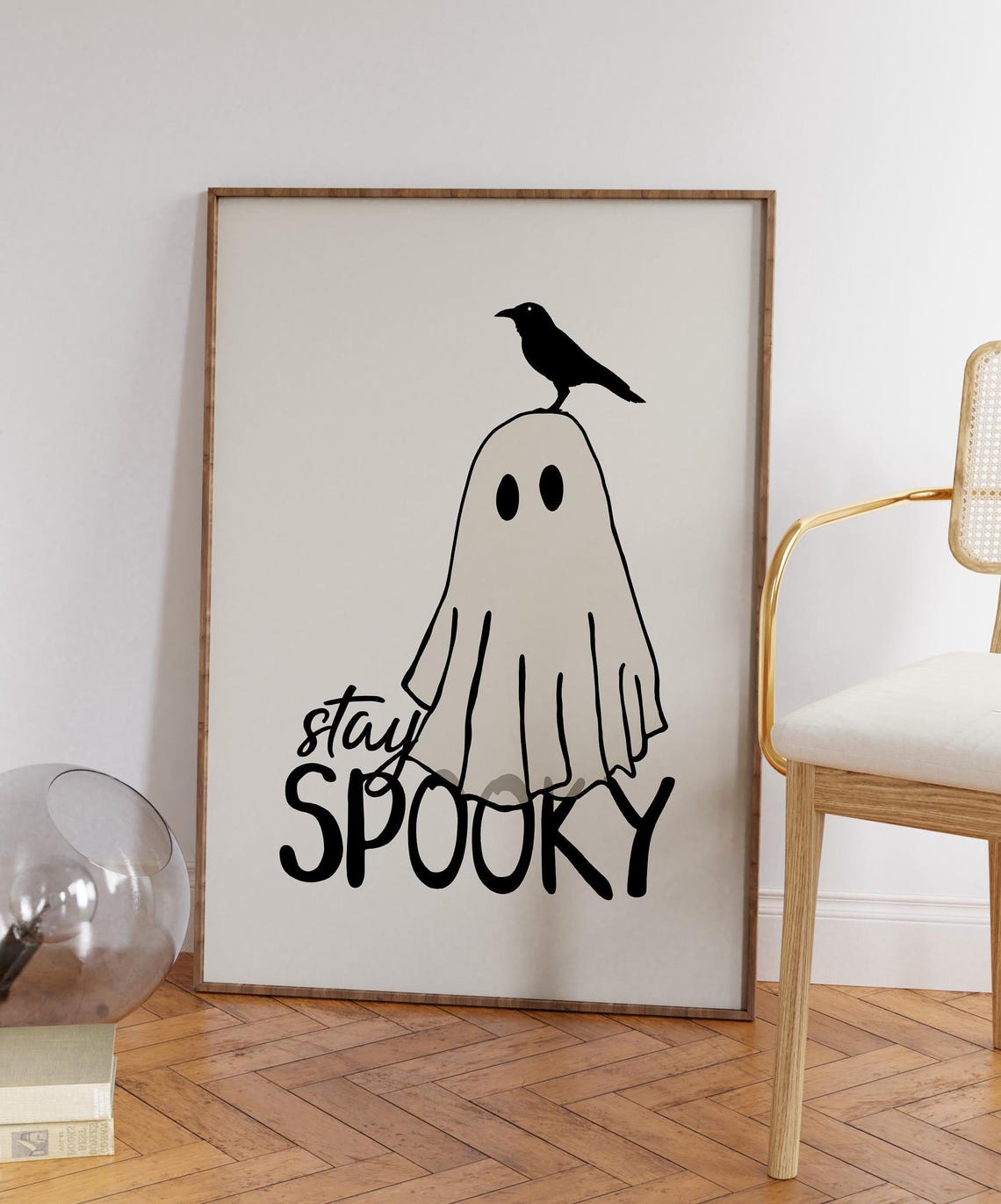 Stay Spooky Ghost with Black Crow Minimalist Cream Halloween Poster